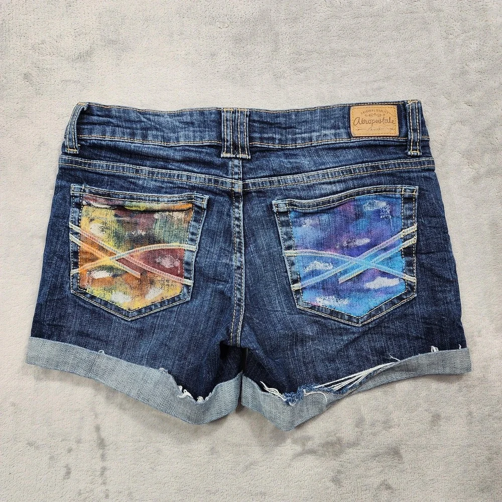 Aeropostale‎ Shorts Womens 2 Blue Denim Boyfriend Cuffed Painted Pockets Casual